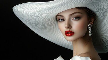 A woman wearing a wide-brimmed white hat, with red lips and diamond earrings.