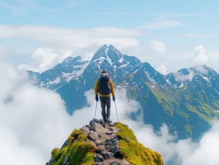 create an image of a solo hiker on a mountain peak with a breathtaking view focus on, adventure spir