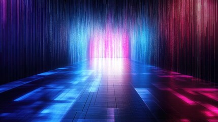 Abstract futuristic background with blue and pink glowing lines, illuminated floor, and dark background.