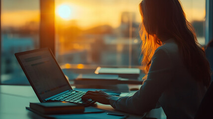 Canvas Print - Close up of Business Woman Working and Calculating in the Office at Sunset. Women Accountants at Work