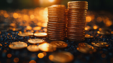 Wall Mural - A pile of gold coins on a black surface. The coins are stacked on top of each other, creating a sense of wealth and abundance. The scene evokes a feeling of prosperity and success