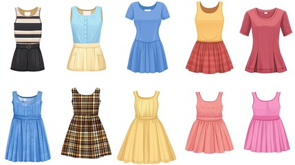 Wall Mural - Collection of cute and fashionable summer dresses for girls isolated on white background.