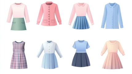 Set of  8 cute schoolgirl outfits in pink, blue, and green.