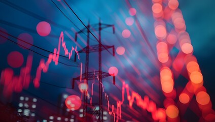 Wall Mural - A stock market graph with an electric tower in the background, indicating high energy pole depths and challenges for growth and support of electricity. 