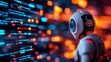 Futuristic robot with a high-tech background, representing artificial intelligence and technology integration in modern society.