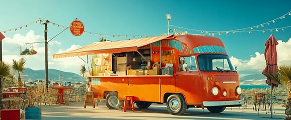 Orange food truck parked on a beach with palm trees and a mountain view.