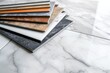 © VIK - Samples of a ceramic tile in shop. Colored samples of ceramic tiles for kitchen or bathroom interior material design of house, floor, porcelain stoneware.