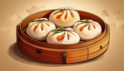 Illustration of traditional Chinese steamed buns. Bao animation.