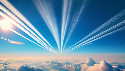 Wall Mural - Jet planes at high altitudes emit vapor trails that create white lines in the sky.