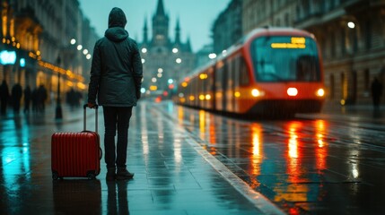 Wall Mural - A man standing on the street with a red suitcase, AI