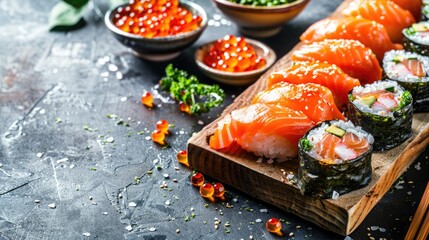 Sticker - Sushi rolls with salmon tuna seaweed and caviar served on a table with space for text