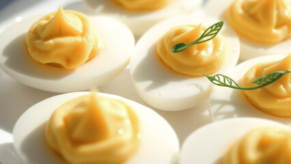 Wall Mural - Closeup of Deviled Eggs on a White Plate