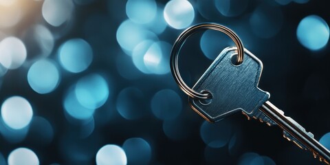 A close-up of a metallic key against a vibrant blue bokeh background, symbolizing security and access.