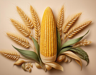 One corn cob and two wheat stalks with trimmed foliage.