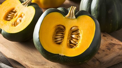 A halved acorn squash with visible seeds on a wooden cutting board.