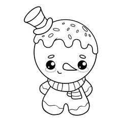 Sticker - Cute Christmas gingerbread man snowman in hat top and scarf. Outline festive kawaii cartoon character. Line drawing, coloring book. Vector illustration. Kids collection