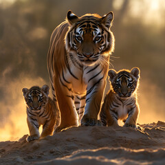 Tiger Mother with Her Two Cubs in the Desert