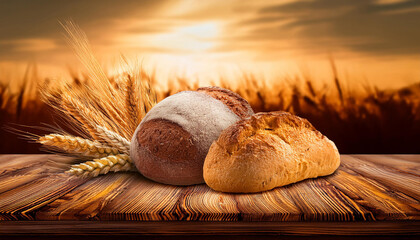 Rustic wooden surface adorned with freshly baked bread and grains.