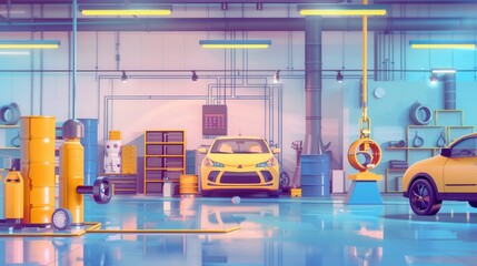 Poster - Brightly colored cars are positioned in a contemporary workshop filled with tools, barrels, and equipment, creating a lively atmosphere. Generative AI