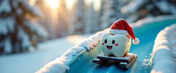 Cute Tooth with Santa Hat Cheerfully Sledding Against Snowy Winter Forest Background