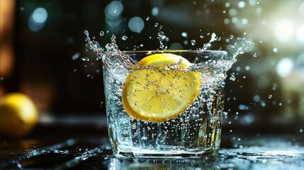 Sticker - A dynamic image of a lemon slice dropping into a glass of water, creating a splash. The bright yellow of the lemon contrasts with the clear liquid, embodying freshness and vitality.