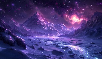 Wall Mural - A starry sky with purple glowing stars, night time, desert landscape with white sand and black rocks in the background, the moon is shining on top of snowy mountains