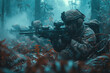 © Golib Tolibov - Soldiers engaged in combat within a dense forest