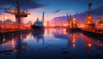 Twilight in the harbor of a northern metropolis with dock machinery, vessels, and illumination.