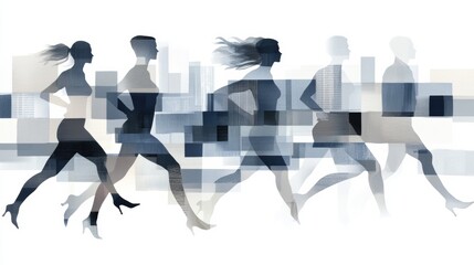 Poster - A group of people running in a cityscape with abstract shapes, AI