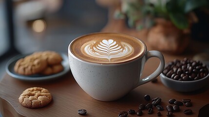 A close-up of an iced coffee with layers of milk and espresso in a glass, condensation forming on the outside, with coffee beans in the background.