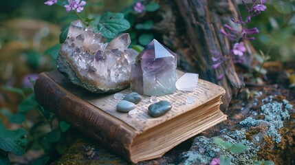 Wall Mural - witch spell book and minerals on natural forest background Gemstones for healing Magic Crystal Ritual Witchcraft spiritual esoteric practice Reiki therapy for harmony soul and mind lif : Generative AI