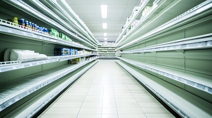 Empty supermarket shelves with only a few remaining items.