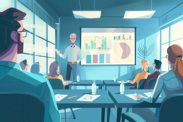 Aufkleber - A financial expert presents insightful data using visual aids in a contemporary conference room, while participants attentively listen and take notes. Generative AI