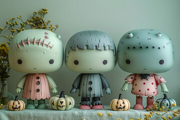 Sticker - Cute pastel Halloween monsters on a green backdrop