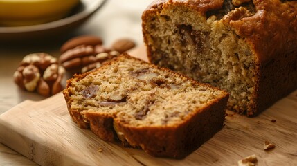 A slice of banana bread with chocolate chips and nuts.