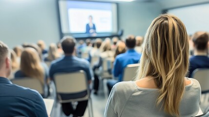 Wall Mural - People gathered in conference room watching a seminar. Focus is on audience members and presentation screen.