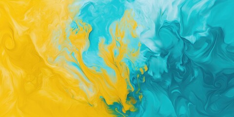 Abstract fluid art in vibrant yellow and blue, swirling paint textures creating dynamic movement