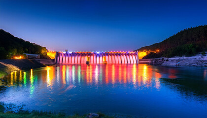 Wall Mural - Vibrant Hydroelectric Dam Illuminated by Colorful Lights Reflecting on the Water at Night