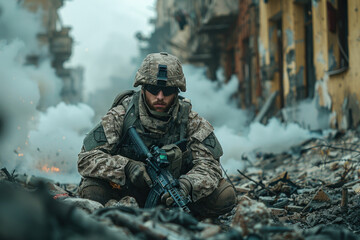 Soldier in warzone rubble and smoke