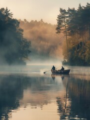 Aufkleber - Two individuals are quietly fishing in a small boat, enveloped by fog and reflected trees on a serene lake during dawn. Generative AI