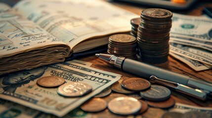Aufkleber - A collection of cash and coins alongside a notebook filled with financial notes and calculations, highlighting a moment of financial planning and budgeting. Generative AI