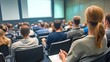 © Anton Gvozdikov - Students seated in rows attentively listening to lecture in classroom. Focus on education, learning, and academic environment during presentation.