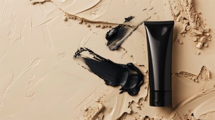 Poster - Cream cosmetic in black tube on beige background with smudged product Texture photo with empty space