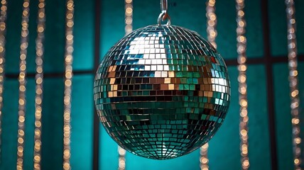 Disco Ball Hanging with Teal Background