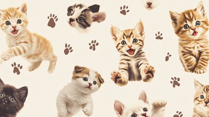 Wall Mural - Pattern of playful kittens and puppies with cute expressions on a light background