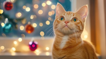 Poster - A cat sitting in front of a window with christmas lights behind it, AI