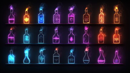 Wall Mural - Enchanting Neon-Lit Witch Potion Shelf with Glowing Bottles and Eerie Smoke - Spooky Halloween Decor with Fluorescent Lighting Atmosphere, Generative Ai