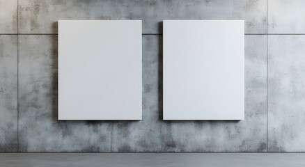 Set of two blank white poster mockup canvas on the wall, concrete background, minimalistic, hyper realistic