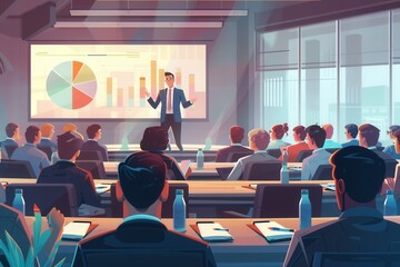 Aufkleber - A professional leads a financial seminar in a contemporary conference room, presenting key insights to an engaged audience amid a dynamic atmosphere. Generative AI