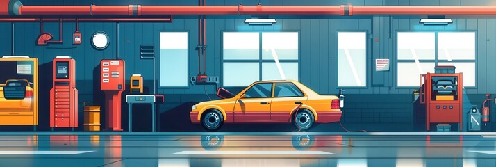 Aufkleber - A yellow car is parked in a well-lit auto repair shop, surrounded by tools and service equipment on a clear and sunny day. Generative AI
